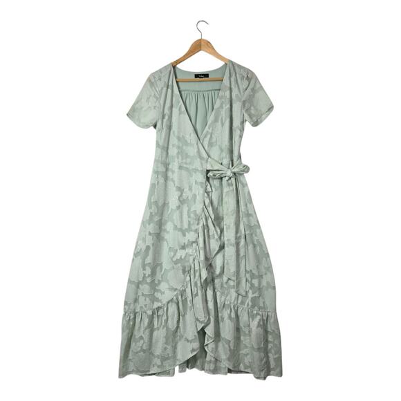 Lulu's Jacquard Short Sleeve Wrap Midi Dress S Blissfully Sage Green Ruffle - Picture 1 of 12